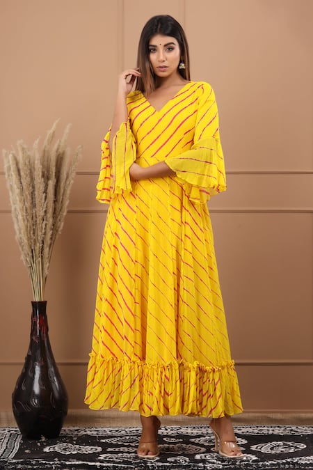 Buy_Suti Kapda_Yellow Chiffon V-neck Leheriya Pattern Flared Gown _Online_at_Aza_Fashions
