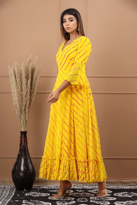 Shop_Suti Kapda_Yellow Chiffon V-neck Leheriya Pattern Flared Gown _Online_at_Aza_Fashions
