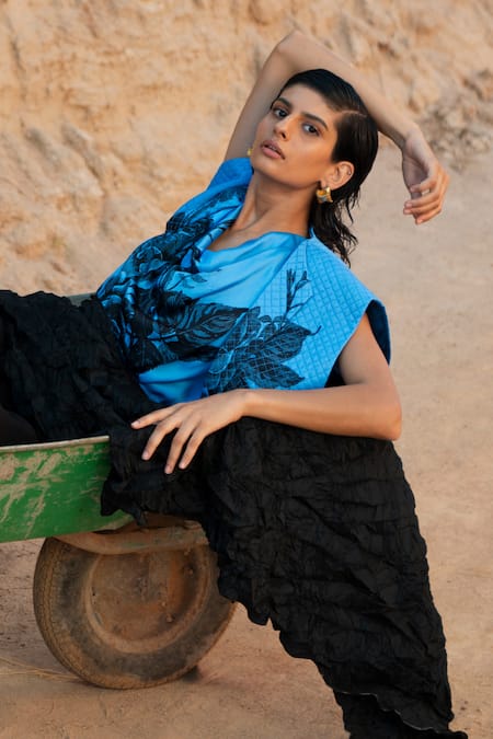 Shop Richa Khemka Black Georgette, Modal Cowl Neck Dahlia Quilted Jacket And Draped Pant Set at Aza Fashions Shop_Richa Khemka_Black Georgette, Modal Cowl Neck Dahlia Quilted Jacket And Draped Pant Set _at_Aza_Fashions