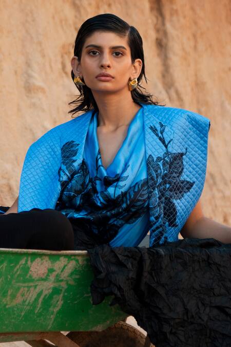 Richa Khemka Black Georgette, Modal Cowl Neck Dahlia Quilted Jacket And Draped Pant Set Online at Aza Fashions Richa Khemka_Black Georgette, Modal Cowl Neck Dahlia Quilted Jacket And Draped Pant Set _Online_at_Aza_Fashions