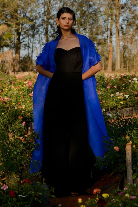 Richa Khemka Blue Organza Applique Hydrangea Cape Front Open With Sarong Dress 