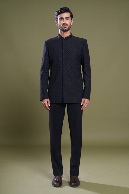 Arihant Rai Sinha_Black Jacquard, Viscose, Satin Embroidery Geometric Bloom Bandhgala With Pant_Online_at_Aza_Fashions