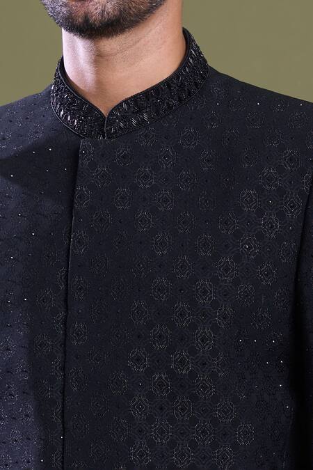 Buy_Arihant Rai Sinha_Black Jacquard, Viscose, Satin Embroidery Geometric Bloom Bandhgala With Pant_Online_at_Aza_Fashions