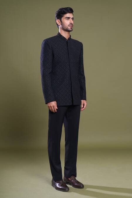 Shop_Arihant Rai Sinha_Black Jacquard, Viscose, Satin Embroidery Geometric Bloom Bandhgala With Pant_Online_at_Aza_Fashions