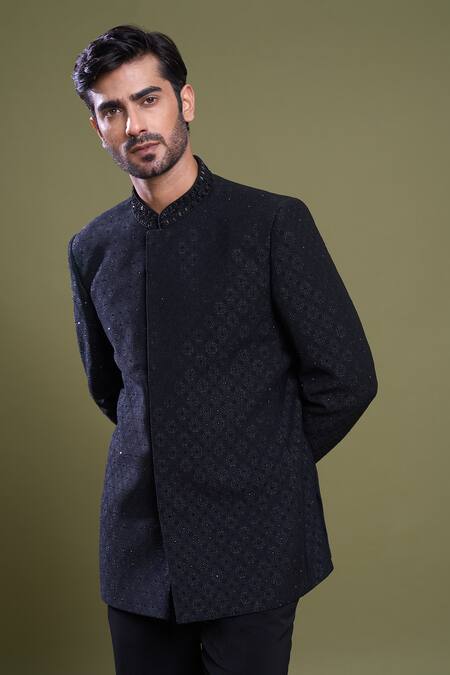 Arihant Rai Sinha_Black Jacquard, Viscose, Satin Embroidery Geometric Bloom Bandhgala With Pant_at_Aza_Fashions