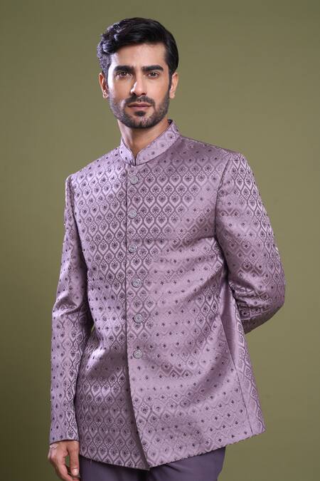 Shop_Arihant Rai Sinha_Purple Jacquard, Viscose, Satin Embroidery Bullian Bloom Bandhgala With Pant_Online_at_Aza_Fashions