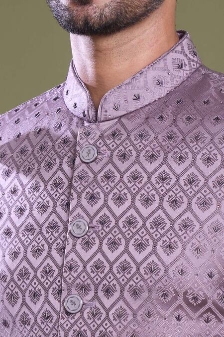 Arihant Rai Sinha_Purple Jacquard, Viscose, Satin Embroidery Bullian Bloom Bandhgala With Pant_at_Aza_Fashions