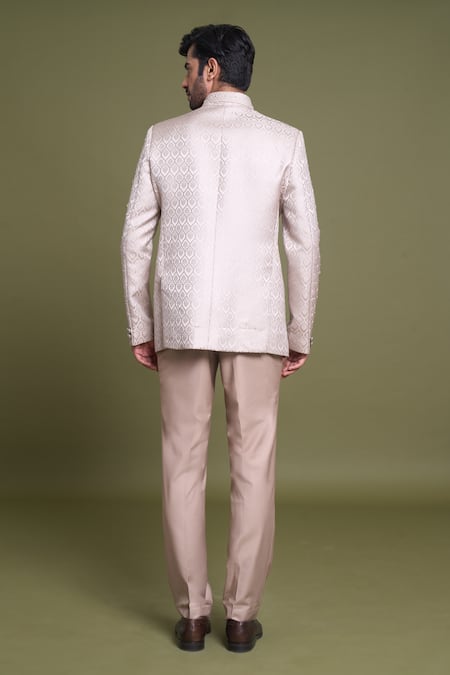 Shop Arihant Rai Sinha Beige Jacquard, Viscose, Satin Embroidery Bullian Blossom Bandhgala With Pant at Aza Fashions Shop_Arihant Rai Sinha_Beige Jacquard, Viscose, Satin Embroidery Bullian Blossom Bandhgala With Pant_at_Aza_Fashions