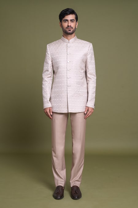 Arihant Rai Sinha Beige Jacquard, Viscose, Satin Embroidery Bullian Blossom Bandhgala With Pant Online at Aza Fashions Arihant Rai Sinha_Beige Jacquard, Viscose, Satin Embroidery Bullian Blossom Bandhgala With Pant_Online_at_Aza_Fashions