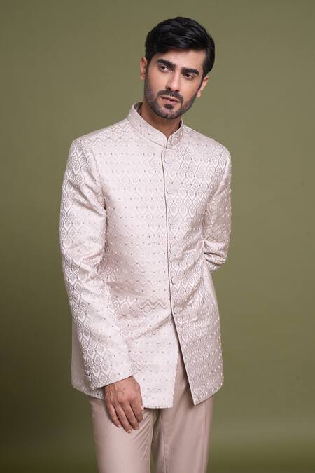 Buy Arihant Rai Sinha Beige Jacquard, Viscose, Satin Embroidery Bullian Blossom Bandhgala With Pant Online at Aza Fashions Buy_Arihant Rai Sinha_Beige Jacquard, Viscose, Satin Embroidery Bullian Blossom Bandhgala With Pant_Online_at_Aza_Fashions