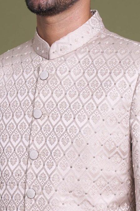 Shop Arihant Rai Sinha Beige Jacquard, Viscose, Satin Embroidery Bullian Blossom Bandhgala With Pant Online at Aza Fashions Shop_Arihant Rai Sinha_Beige Jacquard, Viscose, Satin Embroidery Bullian Blossom Bandhgala With Pant_Online_at_Aza_Fashions