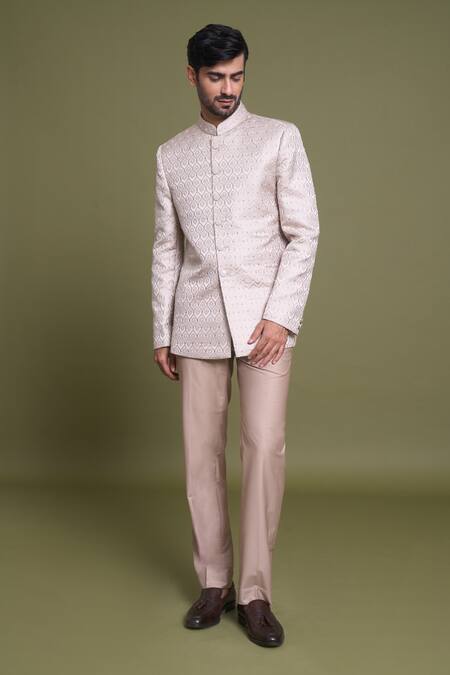 Arihant Rai Sinha Beige Jacquard, Viscose, Satin Embroidery Bullian Blossom Bandhgala With Pant at Aza Fashions Arihant Rai Sinha_Beige Jacquard, Viscose, Satin Embroidery Bullian Blossom Bandhgala With Pant_at_Aza_Fashions