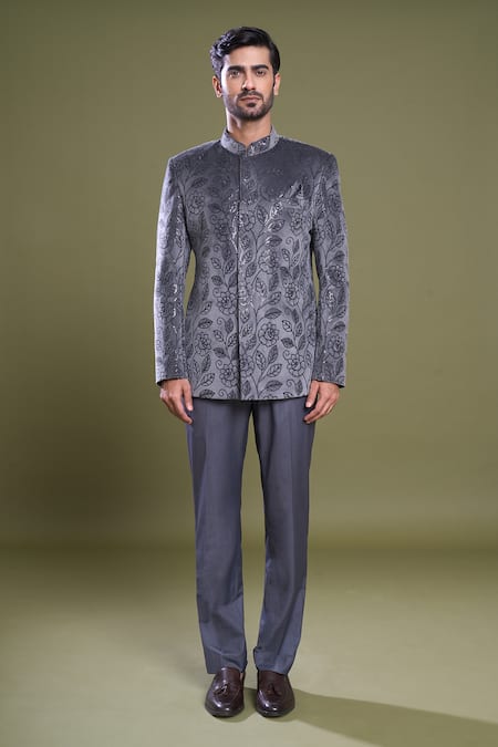 Arihant Rai Sinha_Grey Suede, Viscose Sequins Garden Embroidered Bandhgala With Pant_Online_at_Aza_Fashions