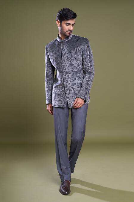 Buy_Arihant Rai Sinha_Grey Suede, Viscose Sequins Garden Embroidered Bandhgala With Pant_Online_at_Aza_Fashions