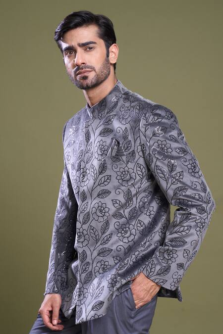 Shop_Arihant Rai Sinha_Grey Suede, Viscose Sequins Garden Embroidered Bandhgala With Pant_Online_at_Aza_Fashions