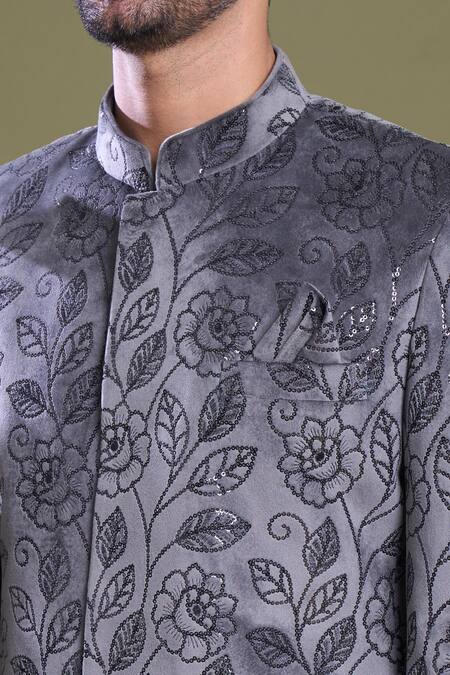 Arihant Rai Sinha_Grey Suede, Viscose Sequins Garden Embroidered Bandhgala With Pant_at_Aza_Fashions