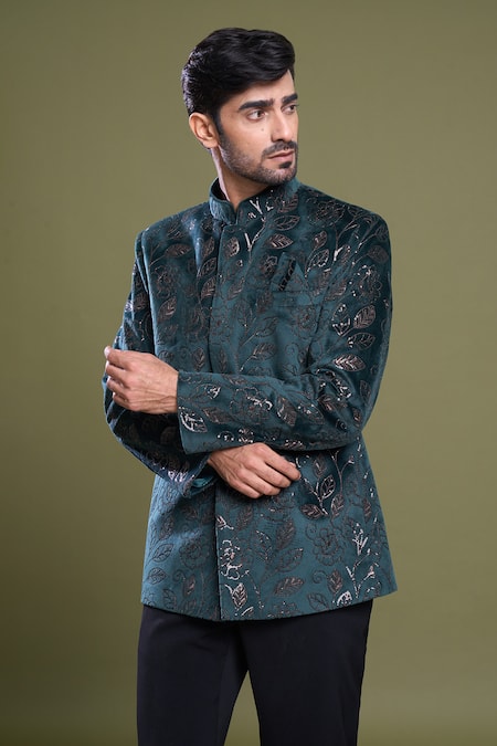 Arihant Rai Sinha_Green Suede, Viscose Sequins Gardenia Embroidered Bandhgala With Pant_Online_at_Aza_Fashions