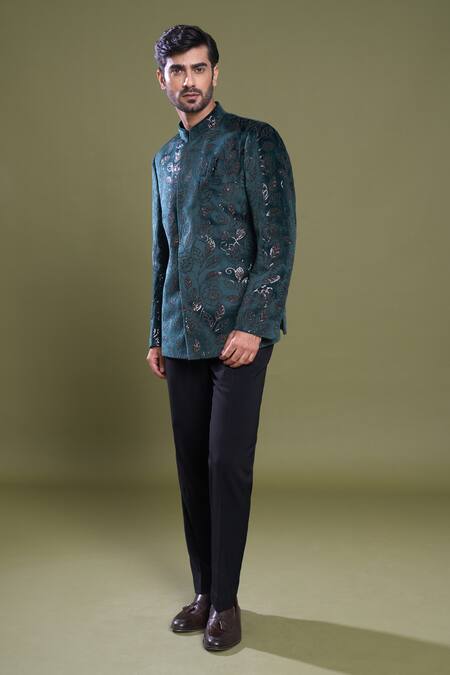 Buy_Arihant Rai Sinha_Green Suede, Viscose Sequins Gardenia Embroidered Bandhgala With Pant_Online_at_Aza_Fashions