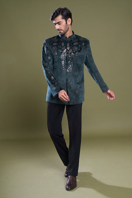 Shop_Arihant Rai Sinha_Green Suede, Viscose Sequins Gardenia Embroidered Bandhgala With Pant_Online_at_Aza_Fashions