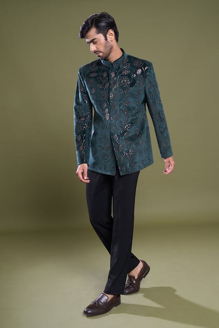 Arihant Rai Sinha_Green Suede, Viscose Sequins Gardenia Embroidered Bandhgala With Pant_at_Aza_Fashions