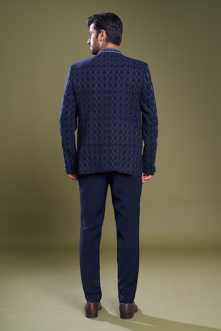 Shop Arihant Rai Sinha Blue Jacquard, Viscose, Satin Embroidery Florin Jaal Bandhgala With Pant at Aza Fashions Shop_Arihant Rai Sinha_Blue Jacquard, Viscose, Satin Embroidery Florin Jaal Bandhgala With Pant_at_Aza_Fashions