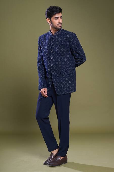 Arihant Rai Sinha Blue Jacquard, Viscose, Satin Embroidery Florin Jaal Bandhgala With Pant Online at Aza Fashions Arihant Rai Sinha_Blue Jacquard, Viscose, Satin Embroidery Florin Jaal Bandhgala With Pant_Online_at_Aza_Fashions