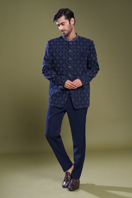 Buy Arihant Rai Sinha Blue Jacquard, Viscose, Satin Embroidery Florin Jaal Bandhgala With Pant Online at Aza Fashions Buy_Arihant Rai Sinha_Blue Jacquard, Viscose, Satin Embroidery Florin Jaal Bandhgala With Pant_Online_at_Aza_Fashions