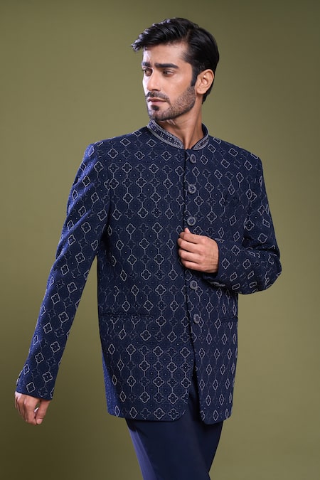 Shop Arihant Rai Sinha Blue Jacquard, Viscose, Satin Embroidery Florin Jaal Bandhgala With Pant Online at Aza Fashions Shop_Arihant Rai Sinha_Blue Jacquard, Viscose, Satin Embroidery Florin Jaal Bandhgala With Pant_Online_at_Aza_Fashions