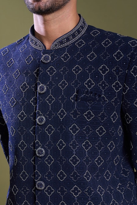 Arihant Rai Sinha Blue Jacquard, Viscose, Satin Embroidery Florin Jaal Bandhgala With Pant at Aza Fashions Arihant Rai Sinha_Blue Jacquard, Viscose, Satin Embroidery Florin Jaal Bandhgala With Pant_at_Aza_Fashions