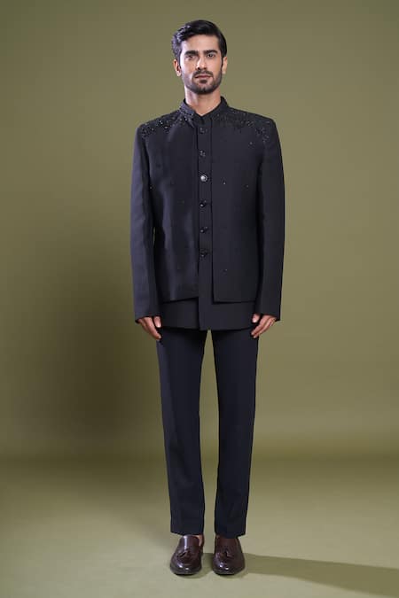 Arihant Rai Sinha_Black Jacquard, Viscose Cut Work Starry Embroidered Bandhgala And Jacket Set_Online_at_Aza_Fashions