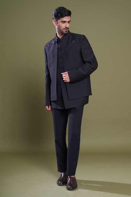 Buy_Arihant Rai Sinha_Black Jacquard, Viscose Cut Work Starry Embroidered Bandhgala And Jacket Set_Online_at_Aza_Fashions