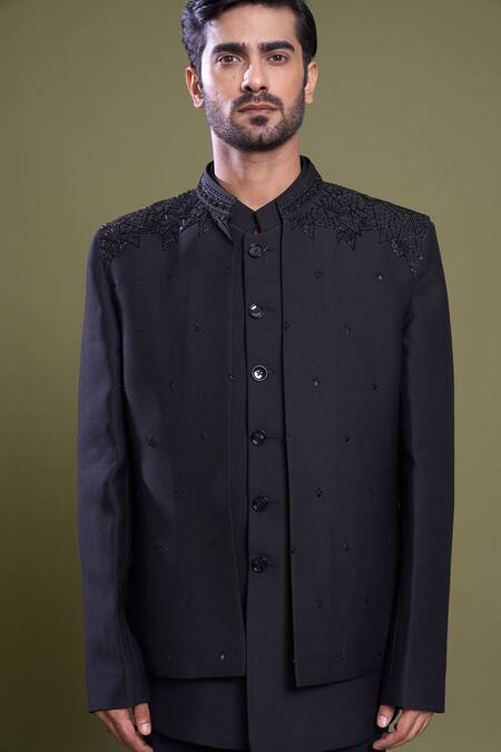 Shop_Arihant Rai Sinha_Black Jacquard, Viscose Cut Work Starry Embroidered Bandhgala And Jacket Set_Online_at_Aza_Fashions