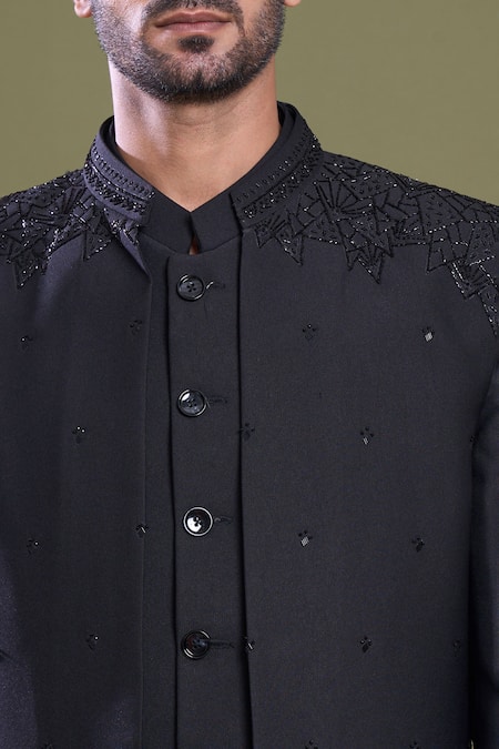 Arihant Rai Sinha_Black Jacquard, Viscose Cut Work Starry Embroidered Bandhgala And Jacket Set_at_Aza_Fashions