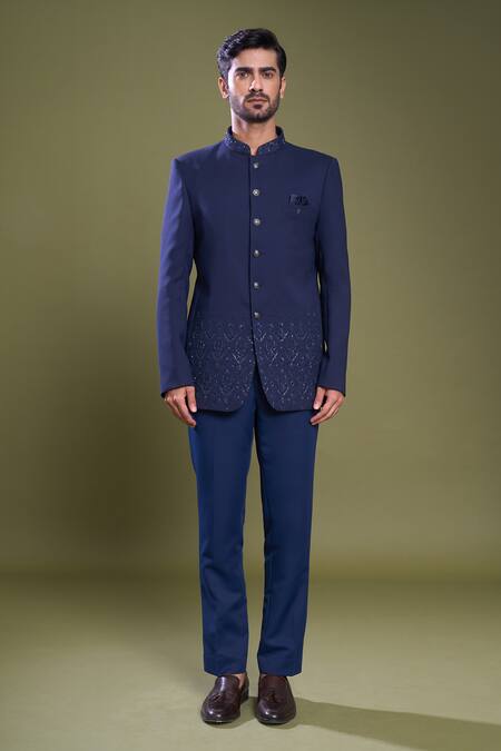 Arihant Rai Sinha_Blue Brocade, Viscose, Satin Embroidery Damask Bandhgala With Pant_Online_at_Aza_Fashions