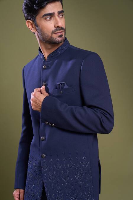 Buy_Arihant Rai Sinha_Blue Brocade, Viscose, Satin Embroidery Damask Bandhgala With Pant_Online_at_Aza_Fashions