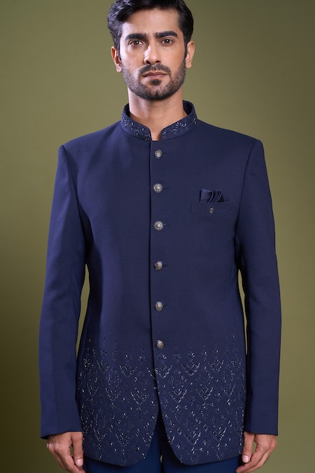 Shop_Arihant Rai Sinha_Blue Brocade, Viscose, Satin Embroidery Damask Bandhgala With Pant_Online_at_Aza_Fashions