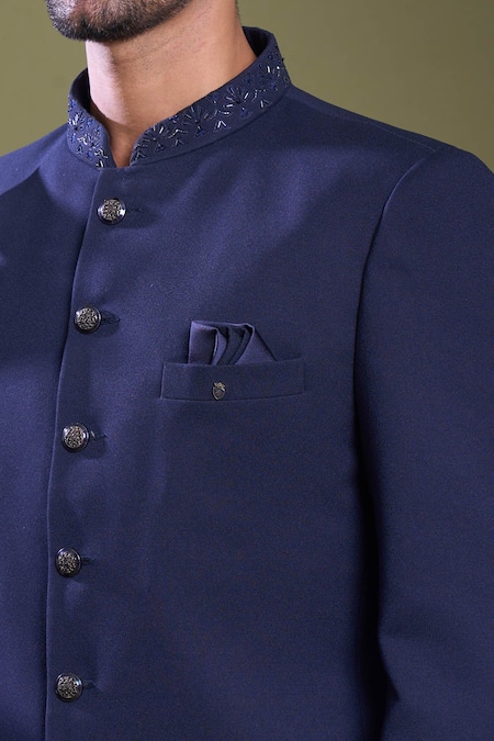 Arihant Rai Sinha_Blue Brocade, Viscose, Satin Embroidery Damask Bandhgala With Pant_at_Aza_Fashions