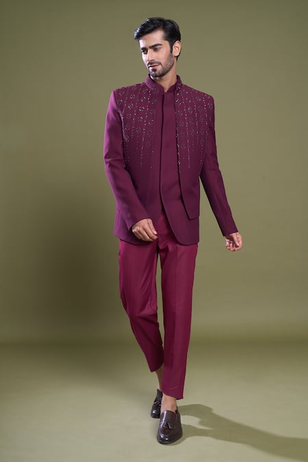 Aryavir Malhotra Maroon Bandhgala And Jacket Imported Jacquard Embroidery Bloom Vine & Set 