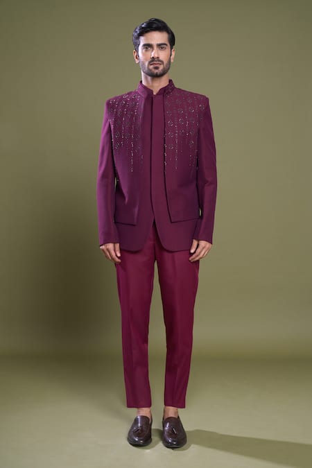 Arihant Rai Sinha_Maroon Jacquard, Satin, Viscose Nalki Bloom Vine Jacket And Bandhgala Set_Online_at_Aza_Fashions