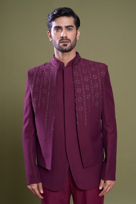 Buy_Arihant Rai Sinha_Maroon Jacquard, Satin, Viscose Nalki Bloom Vine Jacket And Bandhgala Set_Online_at_Aza_Fashions