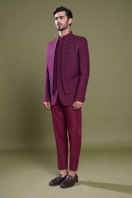 Arihant Rai Sinha_Maroon Jacquard, Satin, Viscose Nalki Bloom Vine Jacket And Bandhgala Set_at_Aza_Fashions