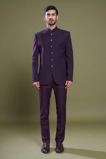 Arihant Rai Sinha_Wine Jacquard, Satin, Viscose Embroidery Spring Blossom Bandhgala Set_Online_at_Aza_Fashions