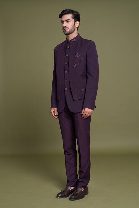 Buy_Arihant Rai Sinha_Wine Jacquard, Satin, Viscose Embroidery Spring Blossom Bandhgala Set_Online_at_Aza_Fashions