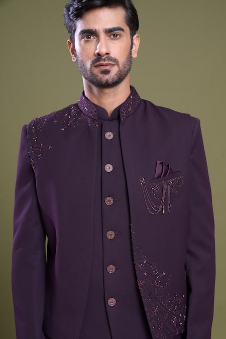 Shop_Arihant Rai Sinha_Wine Jacquard, Satin, Viscose Embroidery Spring Blossom Bandhgala Set_Online_at_Aza_Fashions