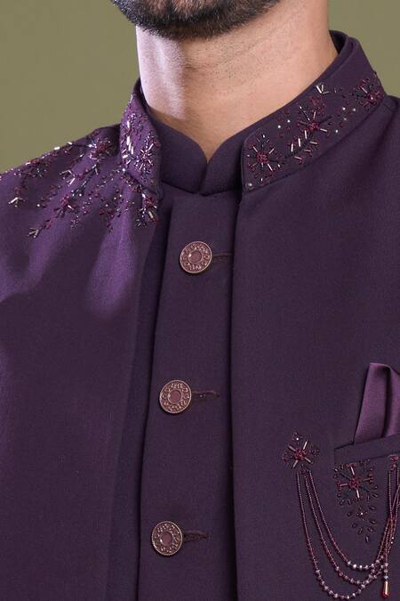 Arihant Rai Sinha_Wine Jacquard, Satin, Viscose Embroidery Spring Blossom Bandhgala Set_at_Aza_Fashions