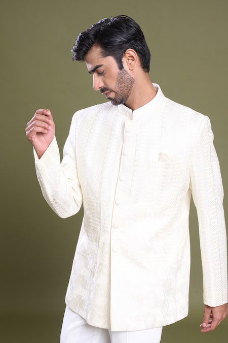 Shop_Arihant Rai Sinha_Cream , , Embroidery Aztec Bloom Bandhgala With Pant_Online_at_Aza_Fashions