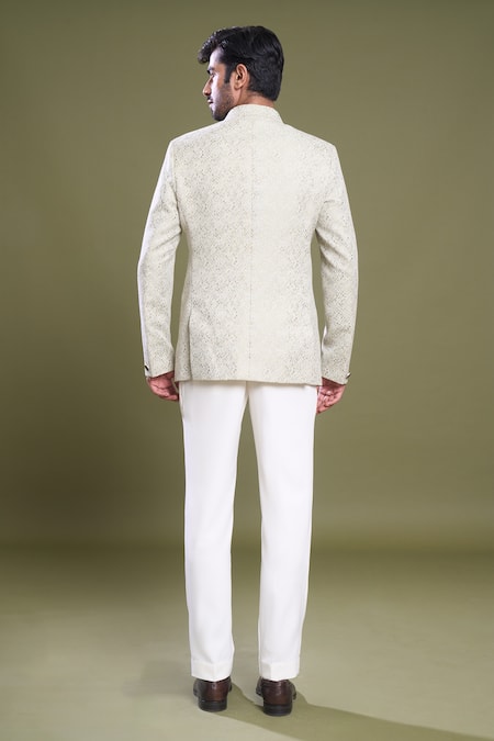 Shop Arihant Rai Sinha Green Jacquard, Viscose, Satin Embroidery Abstract Jaal Bandhgala With Pant at Aza Fashions Shop_Arihant Rai Sinha_Green Jacquard, Viscose, Satin Embroidery Abstract Jaal Bandhgala With Pant_at_Aza_Fashions