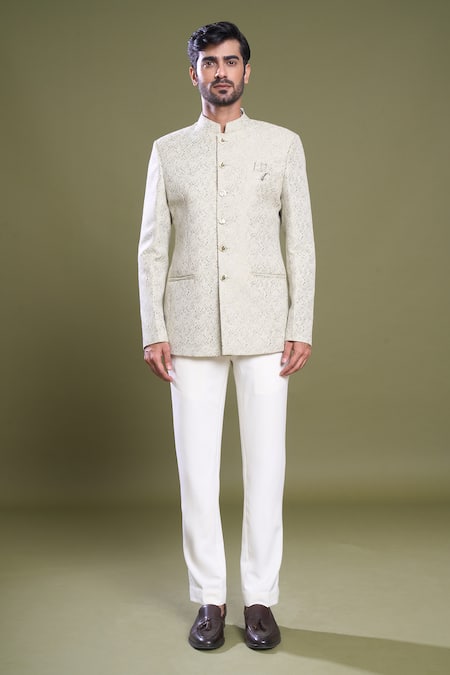 Arihant Rai Sinha Green Jacquard, Viscose, Satin Embroidery Abstract Jaal Bandhgala With Pant Online at Aza Fashions Arihant Rai Sinha_Green Jacquard, Viscose, Satin Embroidery Abstract Jaal Bandhgala With Pant_Online_at_Aza_Fashions