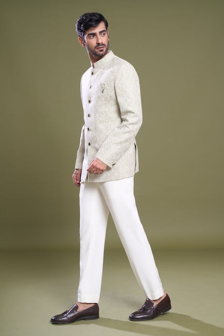 Buy Arihant Rai Sinha Green Jacquard, Viscose, Satin Embroidery Abstract Jaal Bandhgala With Pant Online at Aza Fashions Buy_Arihant Rai Sinha_Green Jacquard, Viscose, Satin Embroidery Abstract Jaal Bandhgala With Pant_Online_at_Aza_Fashions