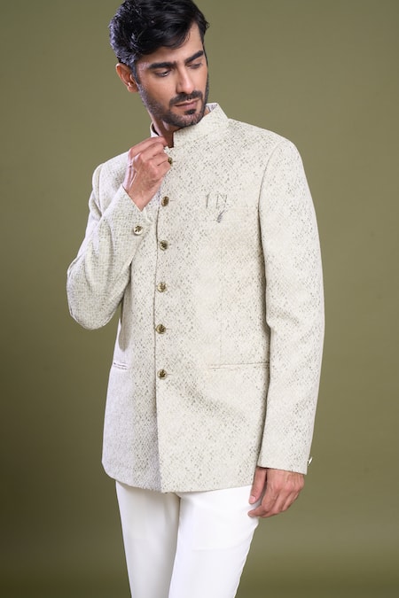 Shop Arihant Rai Sinha Green Jacquard, Viscose, Satin Embroidery Abstract Jaal Bandhgala With Pant Online at Aza Fashions Shop_Arihant Rai Sinha_Green Jacquard, Viscose, Satin Embroidery Abstract Jaal Bandhgala With Pant_Online_at_Aza_Fashions